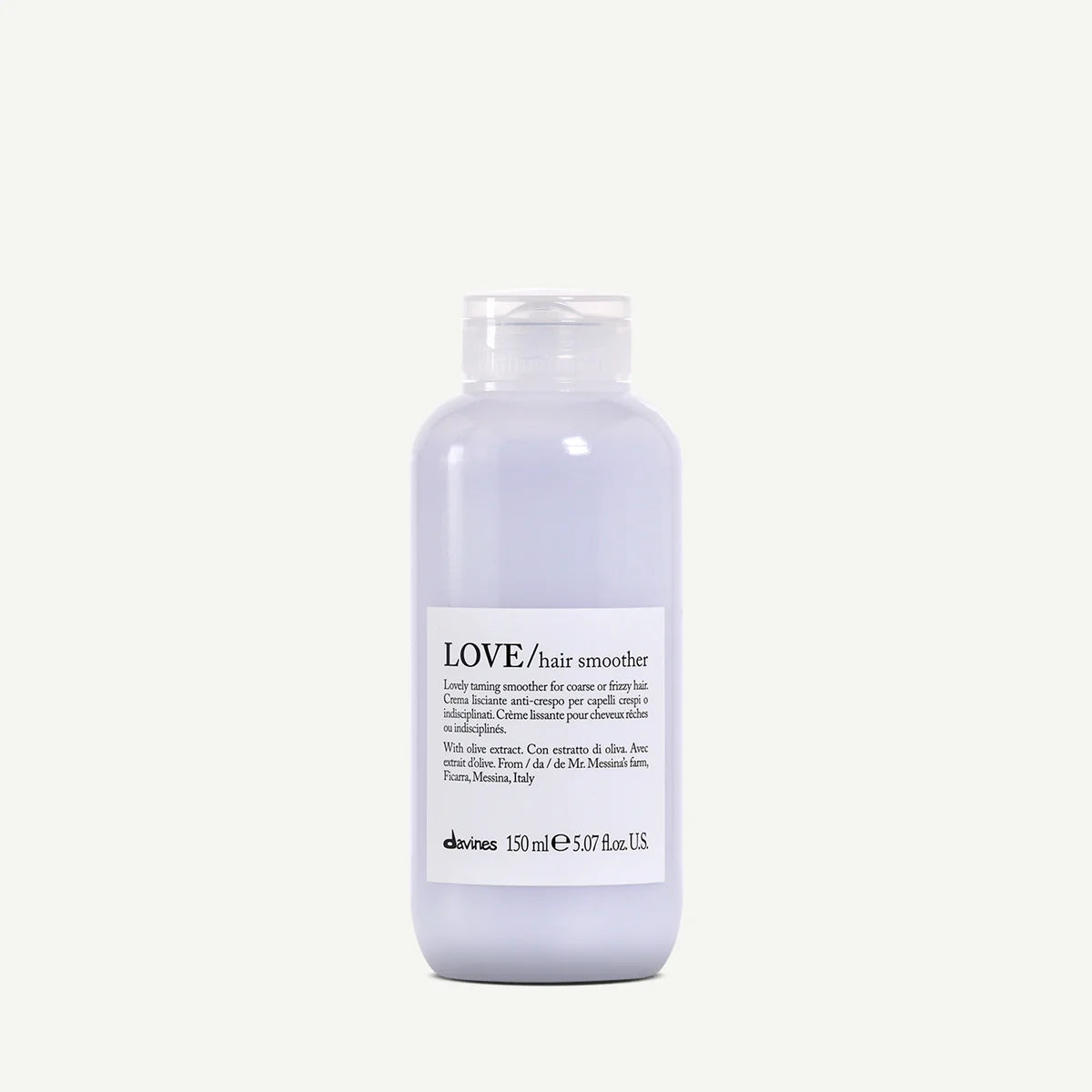 Bottle of Davines LOVE smoothing thermal serum for coarse or frizzy hair