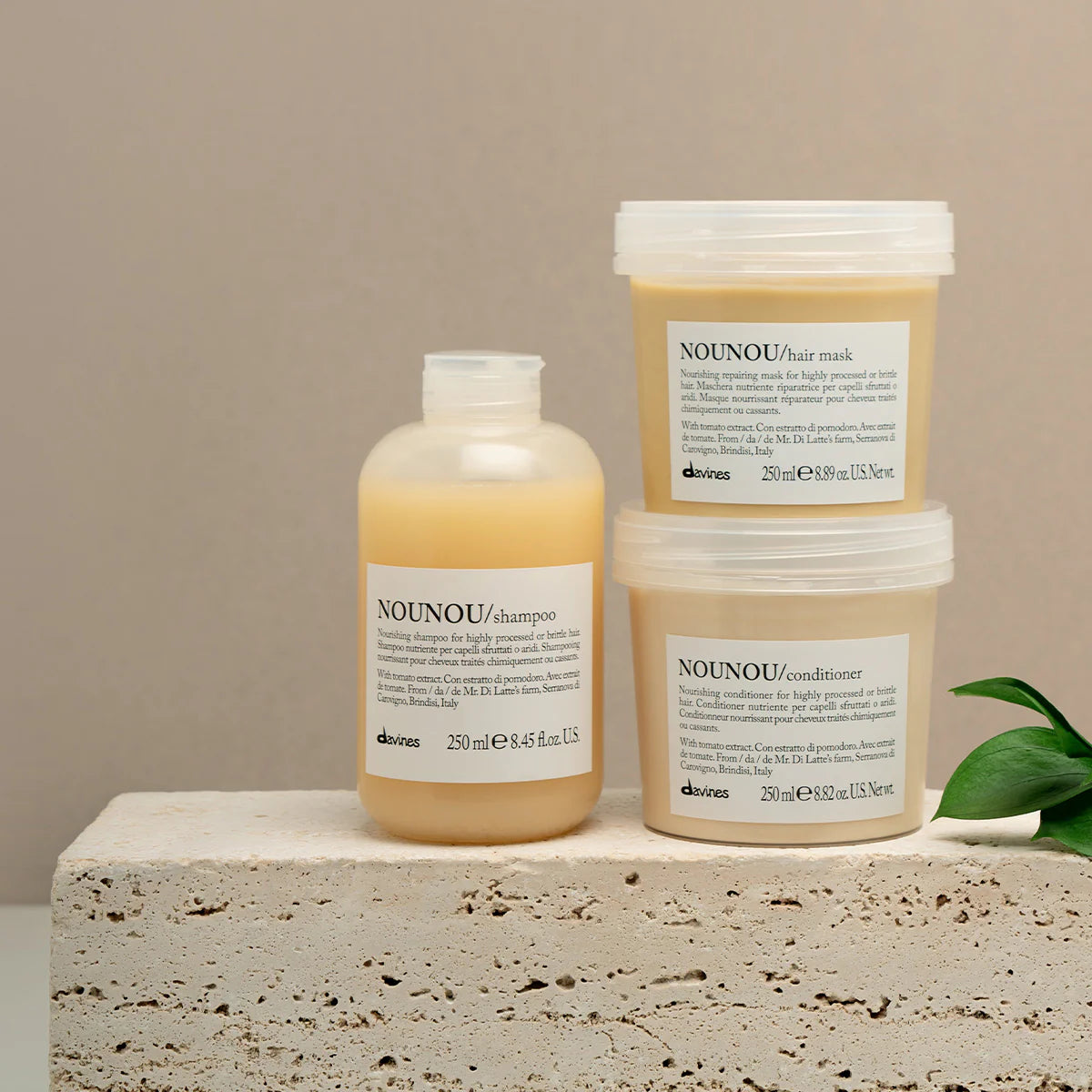 Three Davines NOUNOU hair care products for highly processed or brittle hair