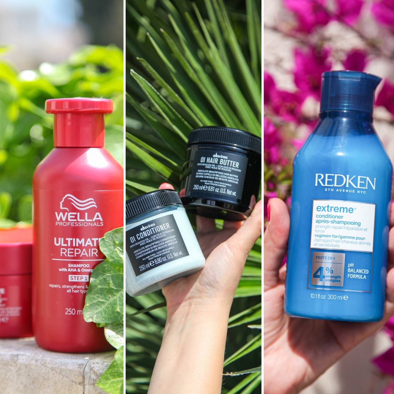 Collage of hair care products including Wella, Davines, and Redken