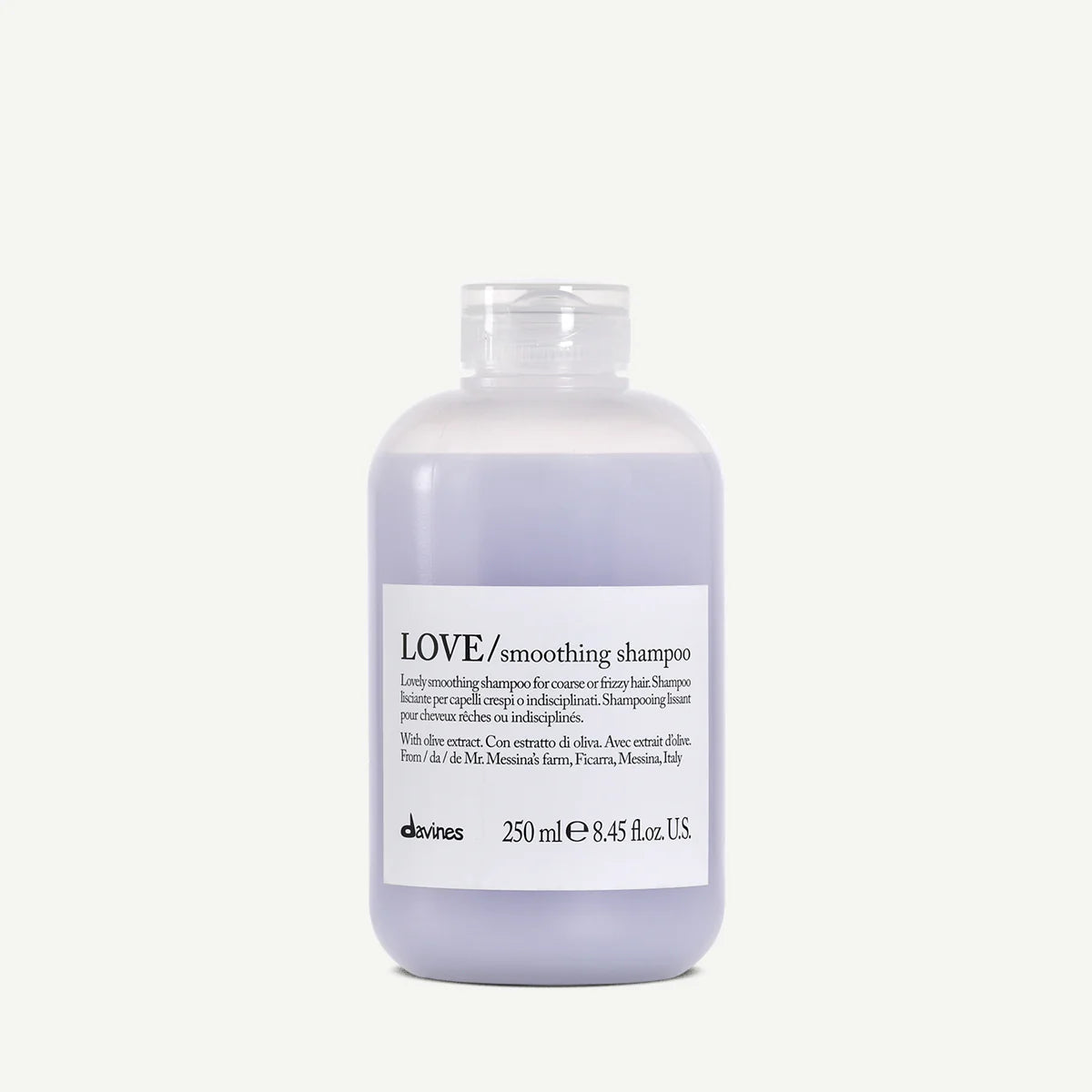 Bottle of Davines LOVE smoothing shampoo for coarse or frizzy hair