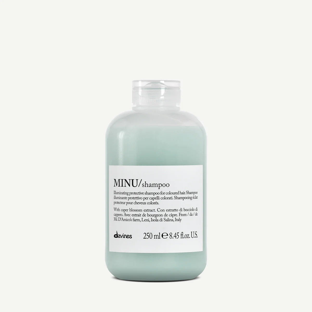 Bottle of Davines Minu protective shampoo for coloured hair