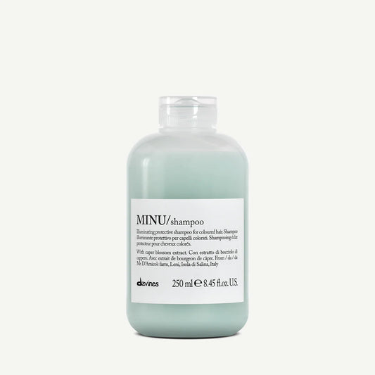 Bottle of Davines Minu protective shampoo for coloured hair