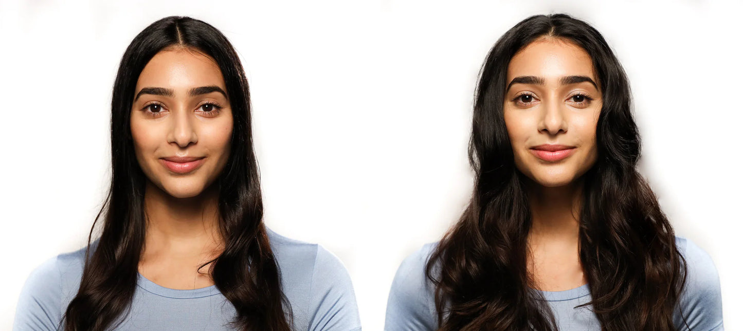 Before and after image of a woman with long dark hair, showing how Davines More Inside This Is Invisible Dry Shampoo adds volume and freshness.