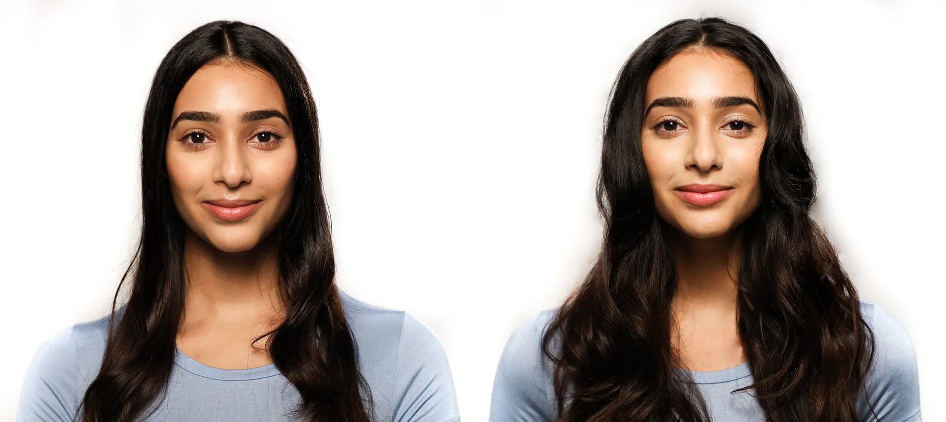 Before and after image of a woman with long dark hair, showing how Davines More Inside This Is Invisible Dry Shampoo adds volume and freshness.