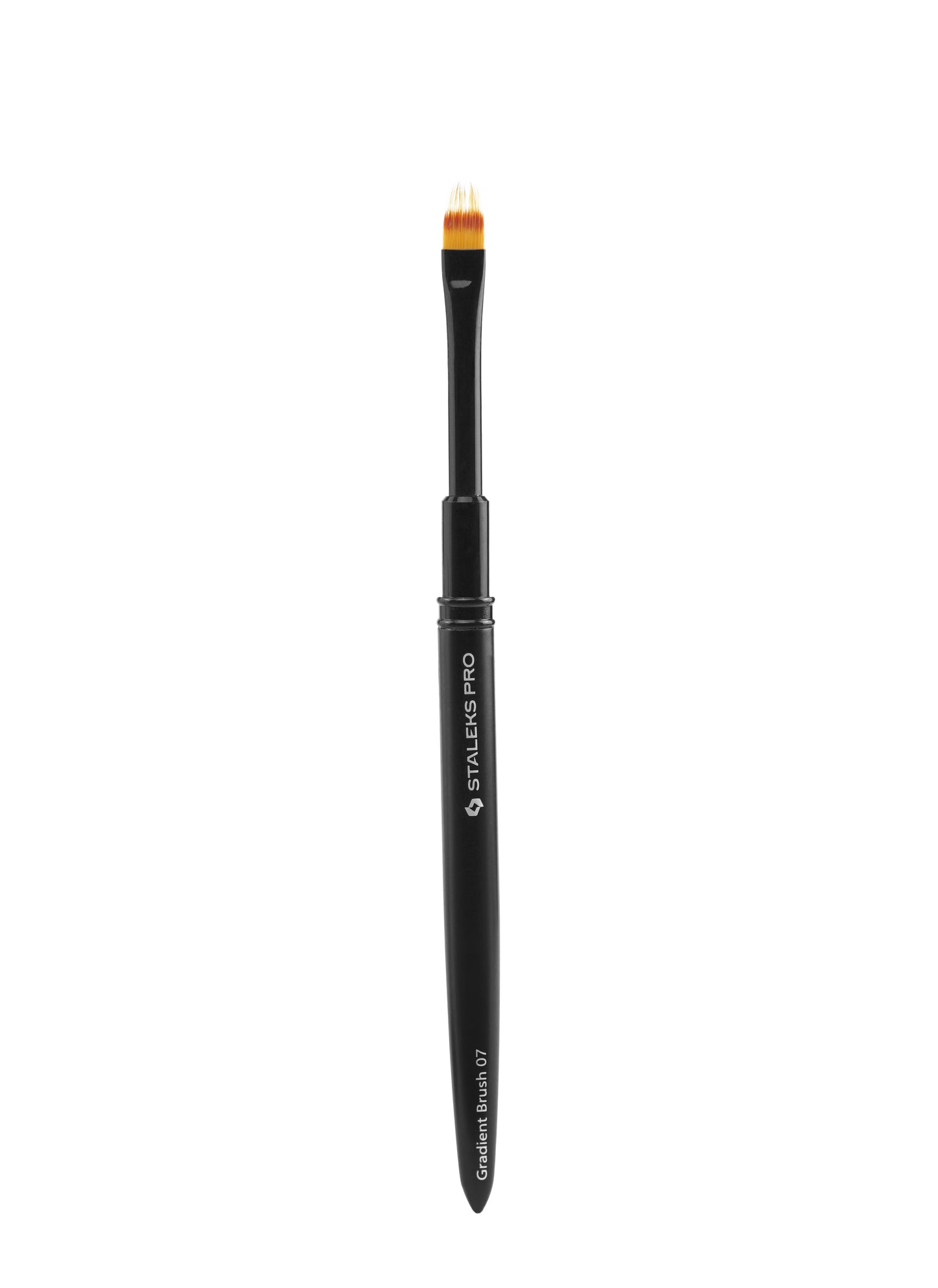 Black brush for gel Staleks with orange bristle tip on a white background